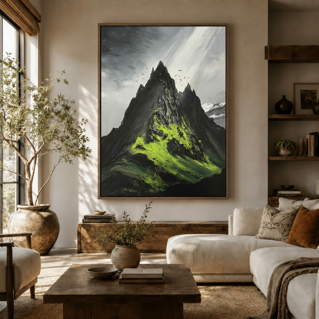 Dramatic mountain oil painting canvas print hanging in a warm neutral living room