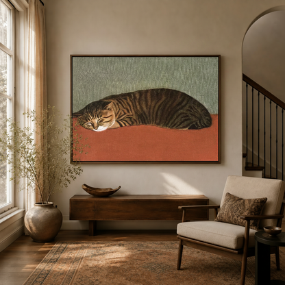 Vintage tabby cat minimalist oil painting canvas hung in warm living room entryway with staircase and armchair