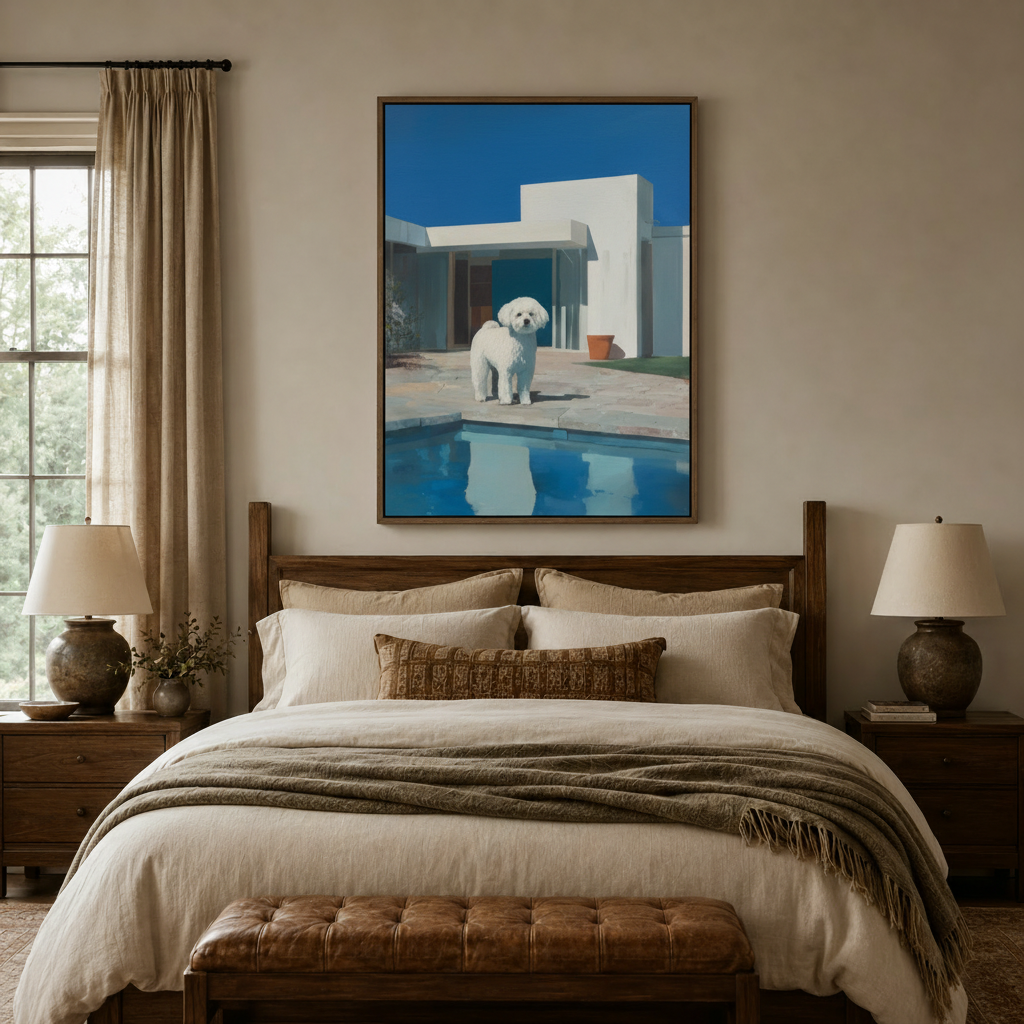 White dog poolside modernist house canvas wall art displayed above bed in warm cozy bedroom setting