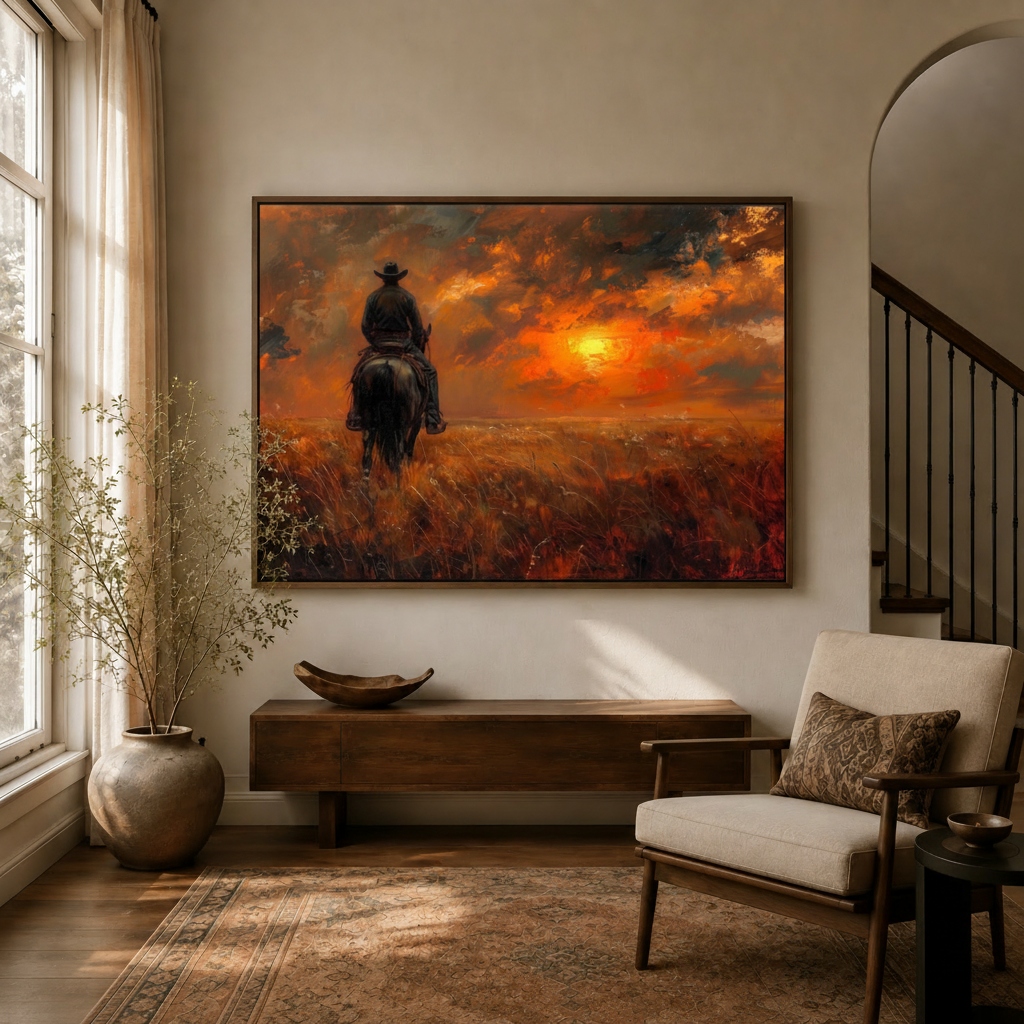 Framed canvas wall art showing a cowboy riding a horse at sunset in a golden grass field, dark walnut float frame, living room entryway scene