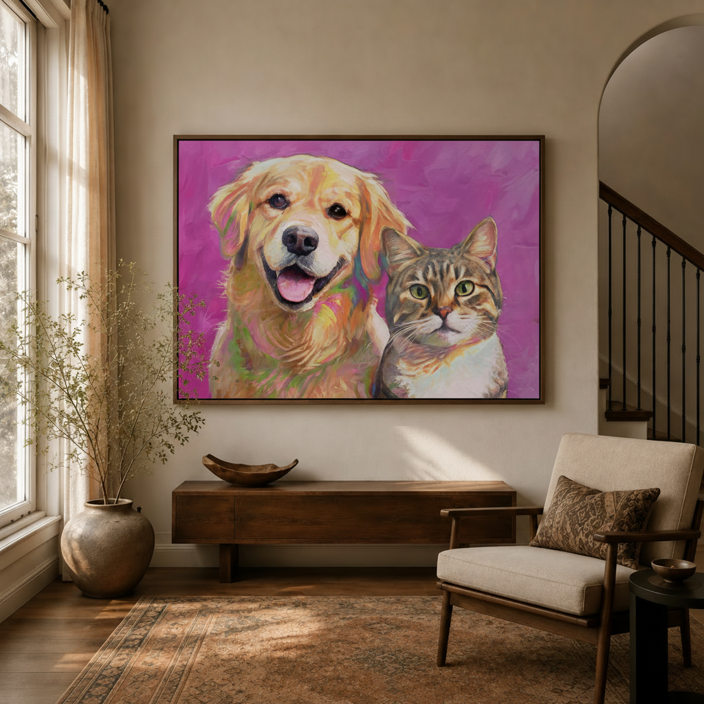 Golden retriever and tabby cat oil painting in dark walnut frame displayed in warm entryway with dried branch vase