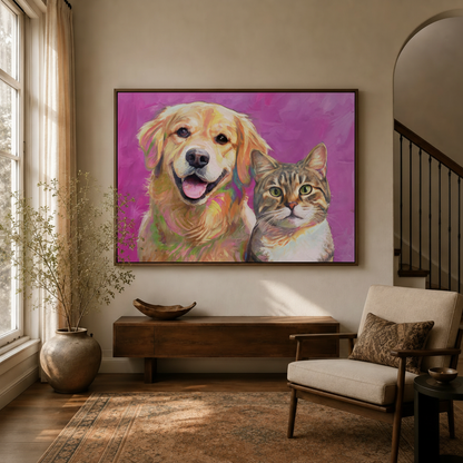 Golden retriever and tabby cat oil painting in dark walnut frame displayed in warm entryway with dried branch vase