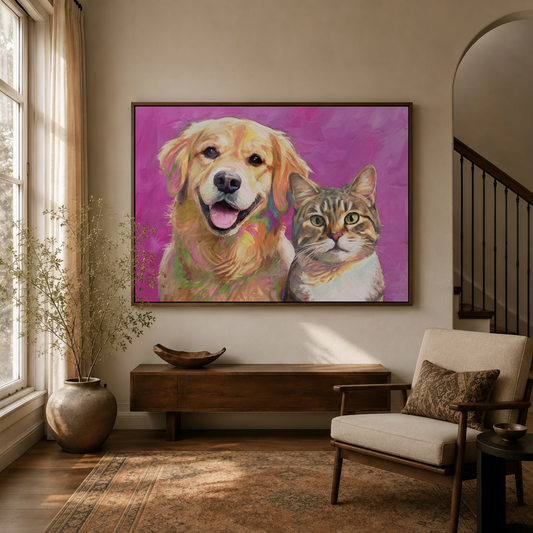 Golden retriever and tabby cat oil painting in dark walnut frame displayed in warm entryway with dried branch vase