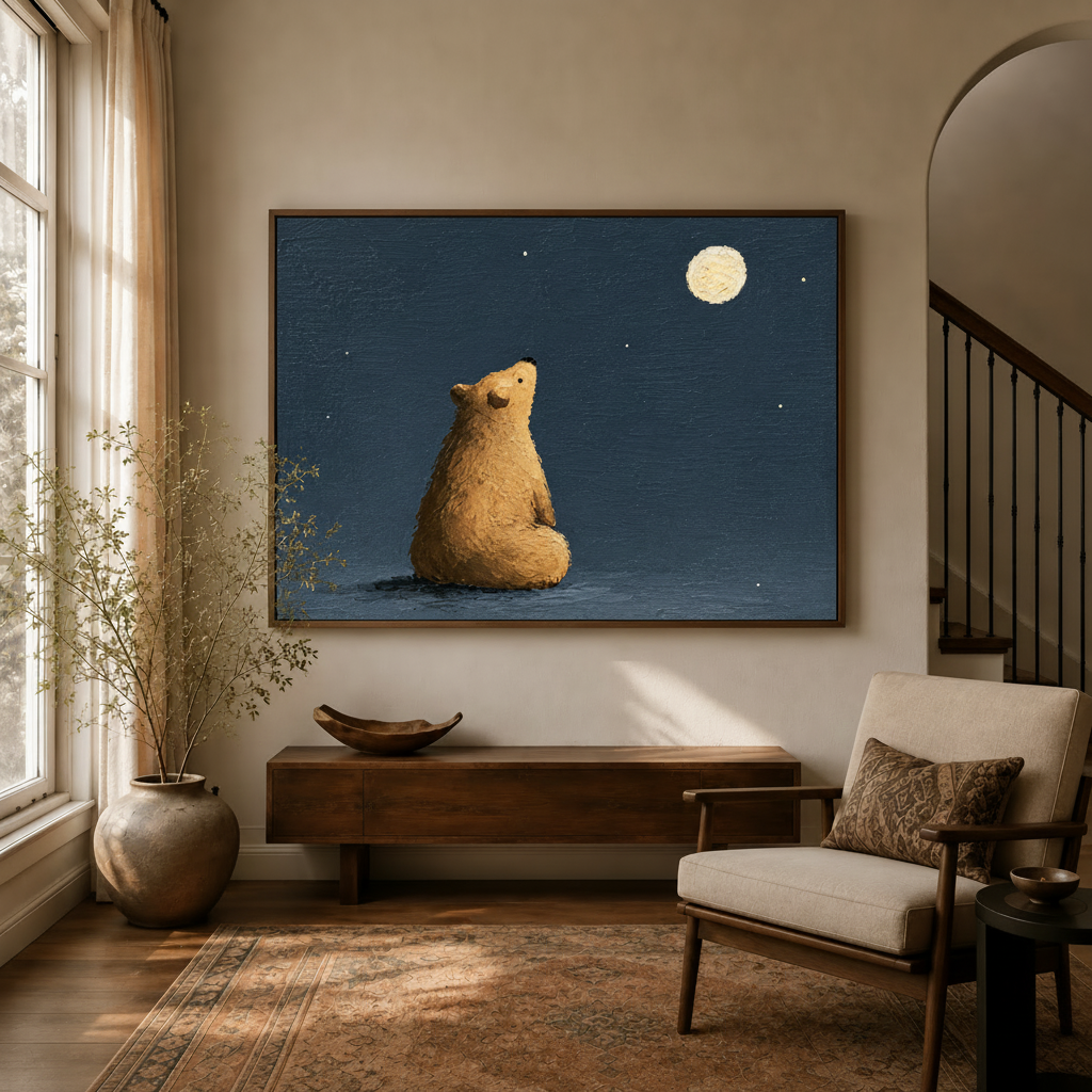Moonlit bear canvas wall art displayed in a warm neutral living room