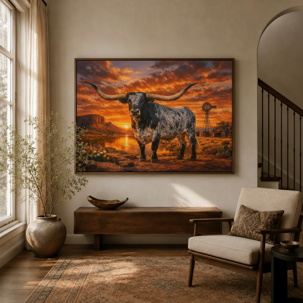 Texas Longhorn sunset framed canvas displayed above console in warm entryway with hardwood floors