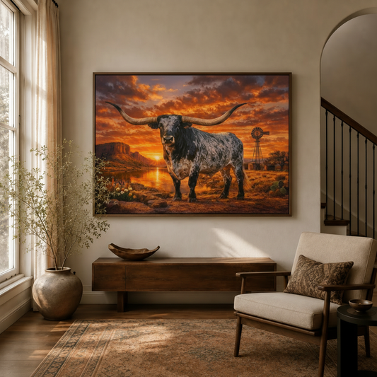 Texas Longhorn sunset framed canvas displayed above console in warm entryway with hardwood floors