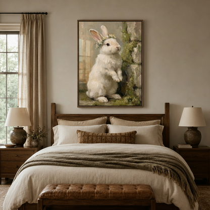 White rabbit flower crown impasto canvas in walnut float frame above cozy bedroom headboard