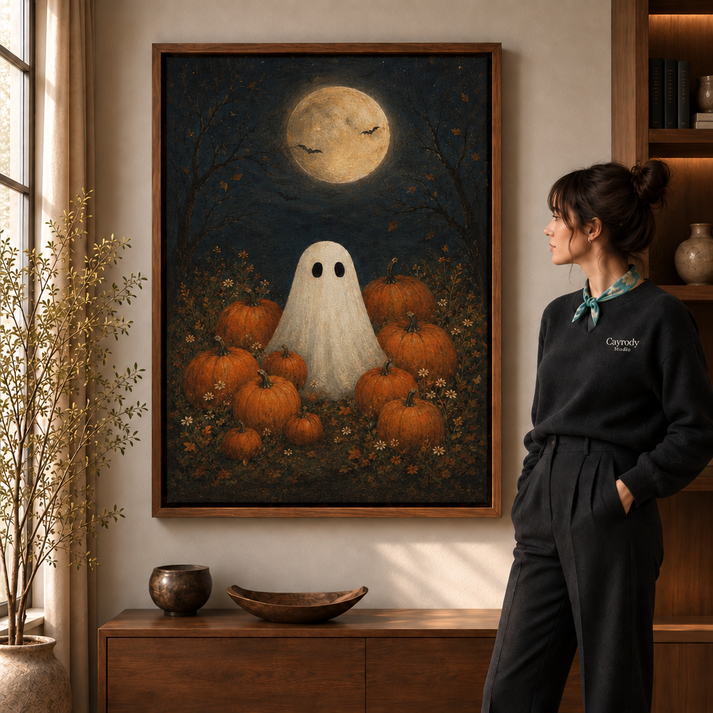 Halloween ghost and pumpkin artwork shown in a styled indoor setting