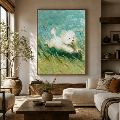 Impressionist white terrier running through green meadow, framed canvas art in warm neutral living room