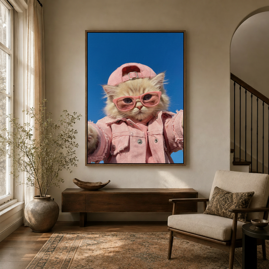 Funny cat in pink cap and sunglasses canvas wall art displayed in a warm entryway above a walnut console