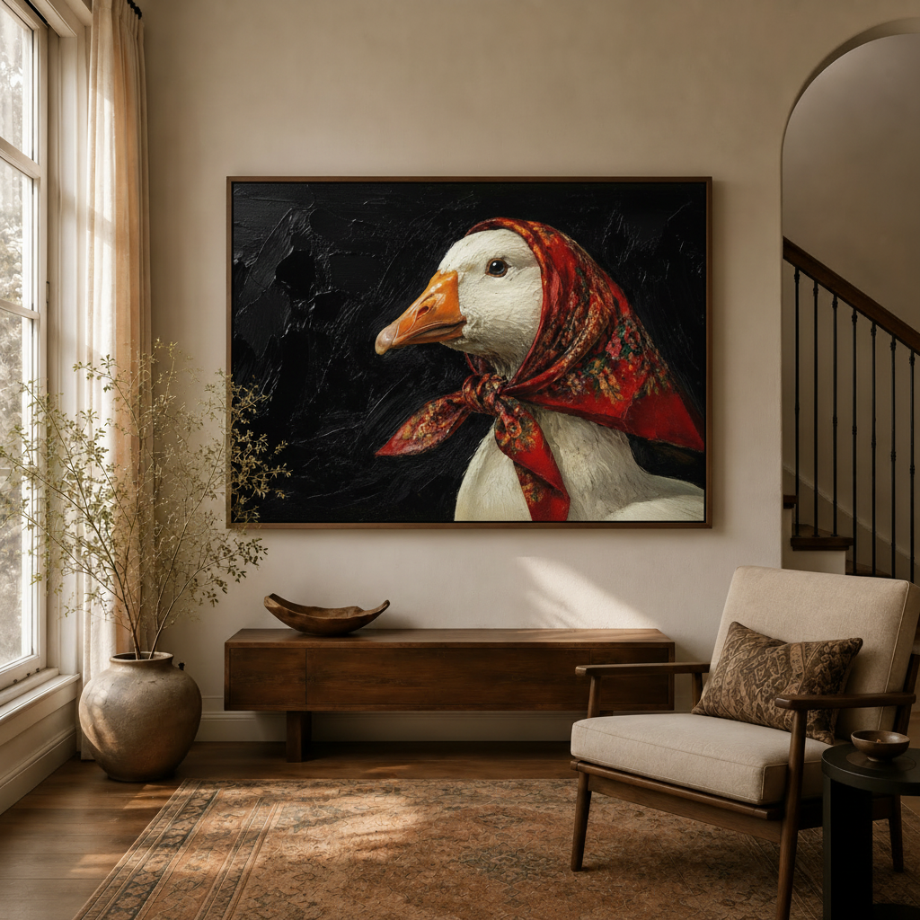 Whimsical goose portrait impasto oil painting in walnut float frame above entryway console table