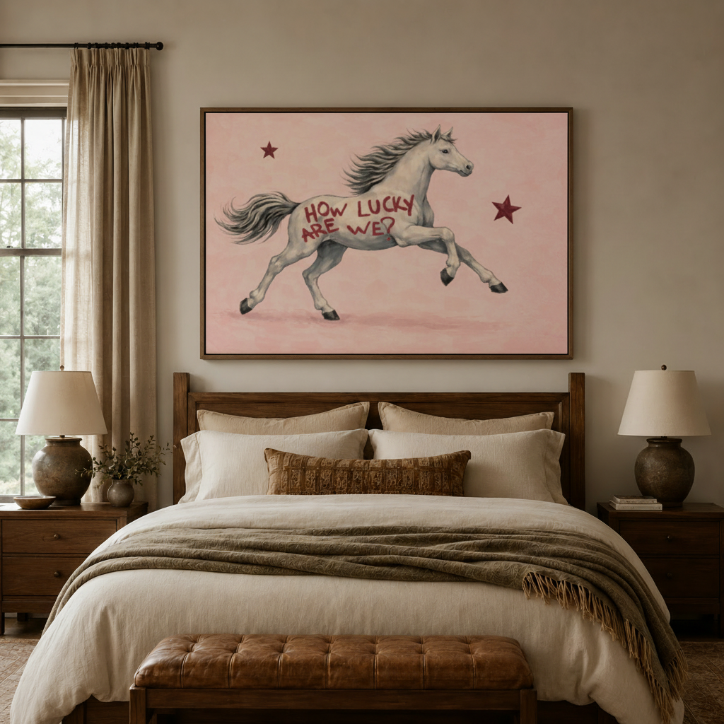 How Lucky Are We white horse vintage canvas wall art displayed above cozy neutral bedroom headboard