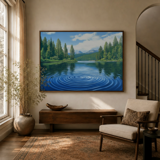 Mountain lake ripple landscape canvas displayed above console table in stylish entryway foyer