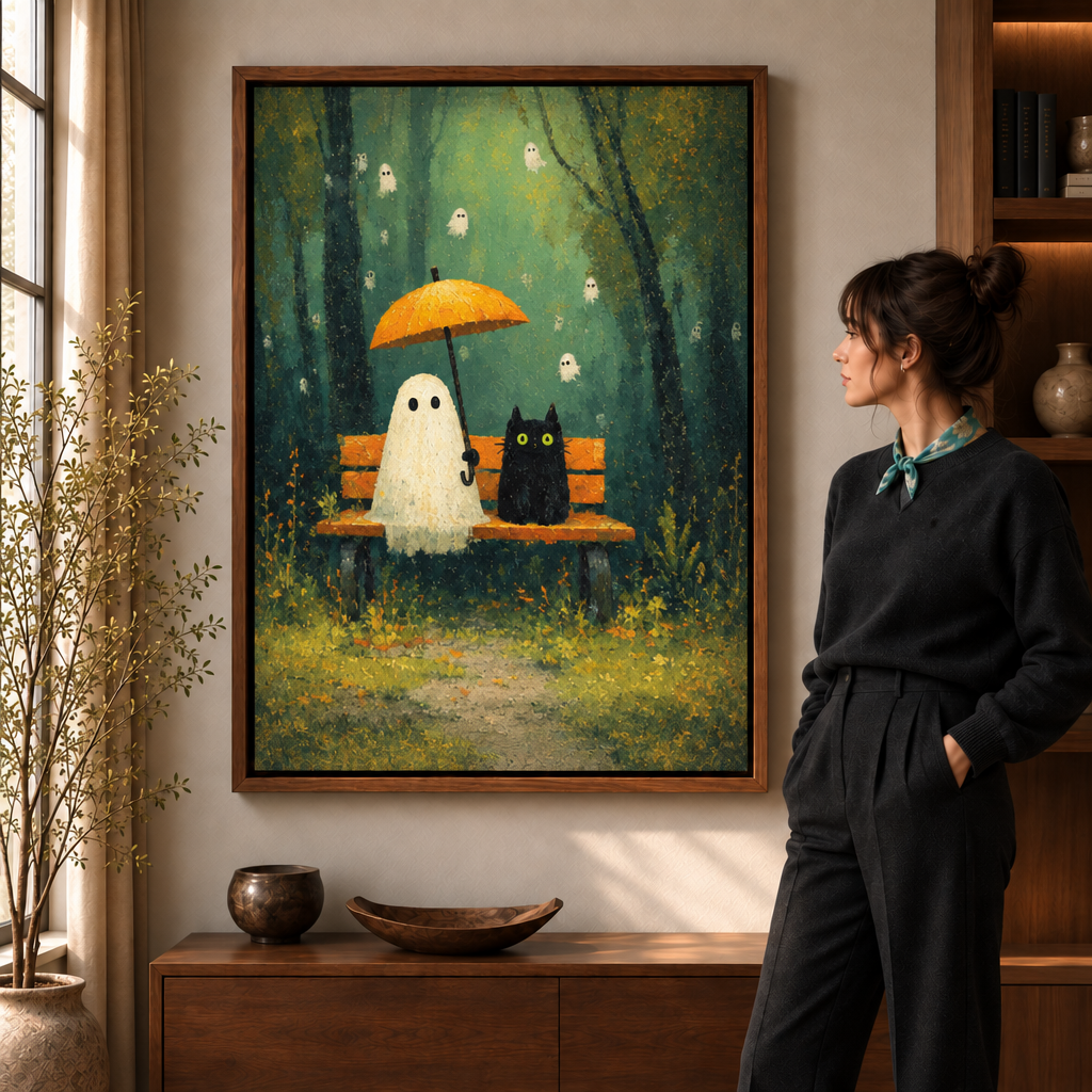 Framed ghost and black cat rainy forest canvas displayed above a walnut console beside a woman.