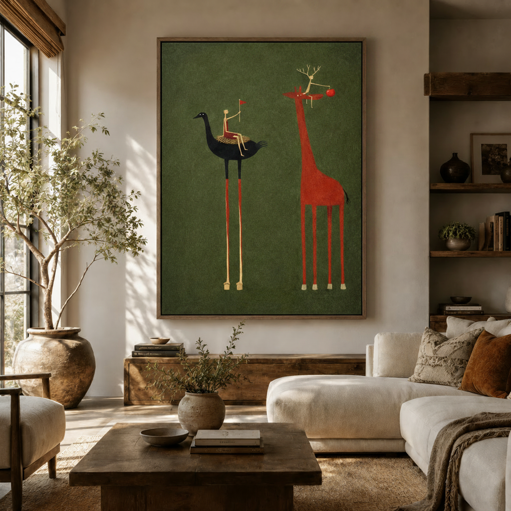 Whimsical folk art canvas wall art with ostrich and giraffe hanging above console in warm living room