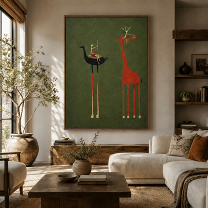 Whimsical folk art canvas wall art with ostrich and giraffe hanging above console in warm living room