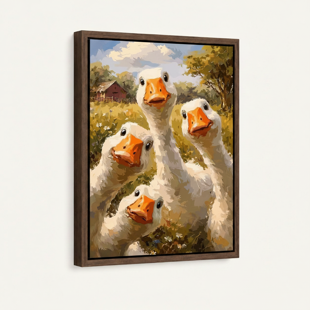 Funny white geese oil painting in dark walnut float frame, angled product view on white background
