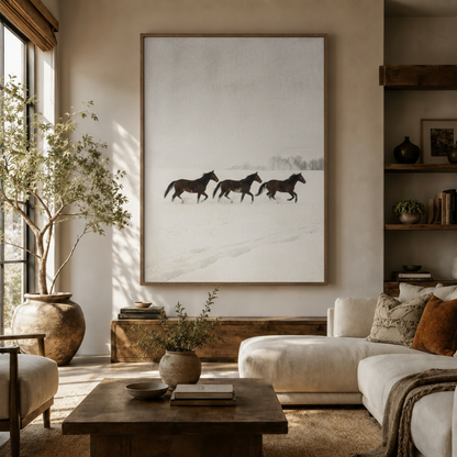  Wild horses running in snow canvas print displayed in warm modern living room above console
