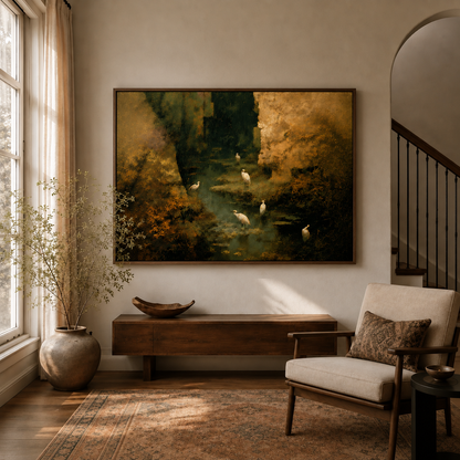 Vintage egret oil painting in dark wood frame above a console table in a sunlit entryway with arched doorway