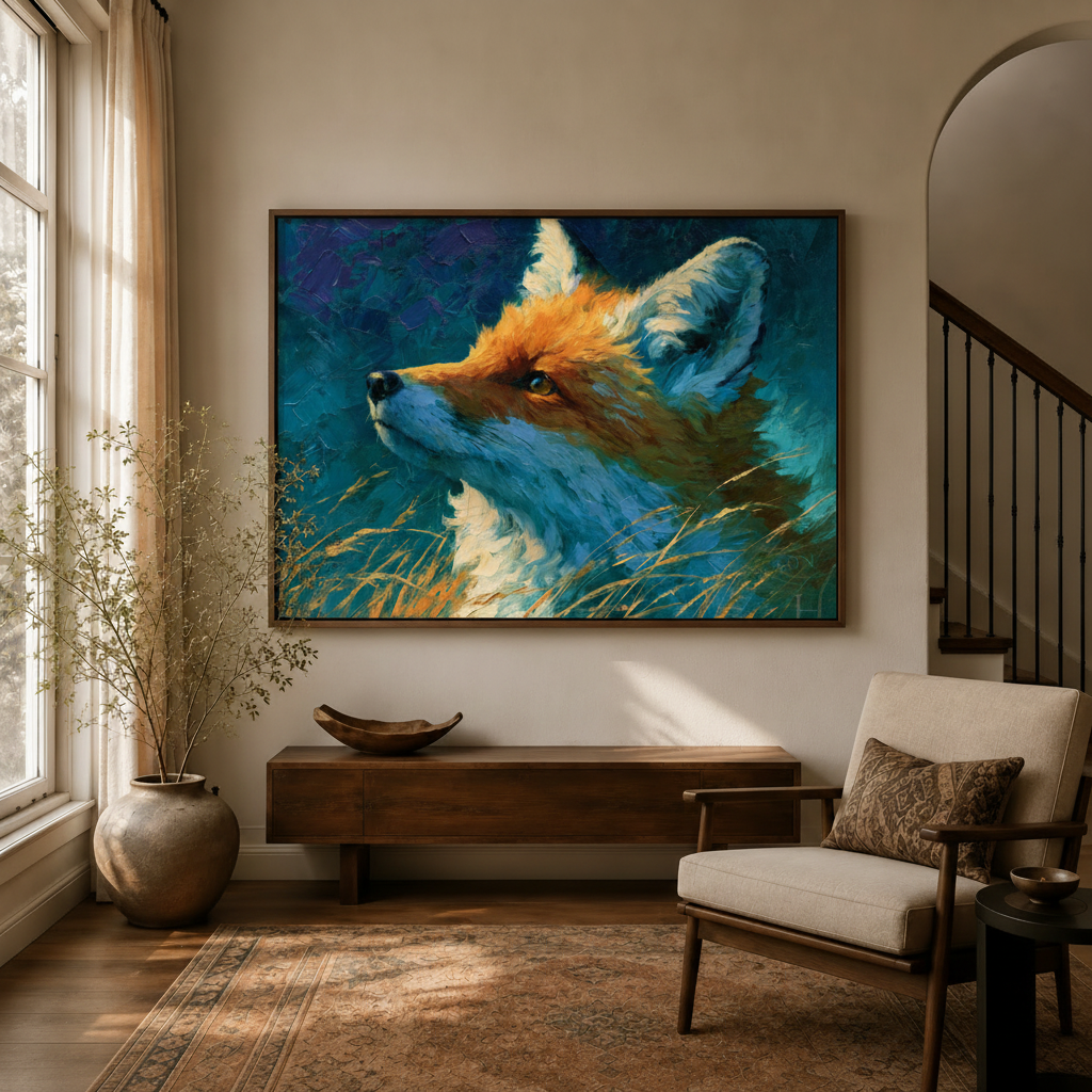Impressionist red fox canvas wall art in a warm living room above a dark wood console table