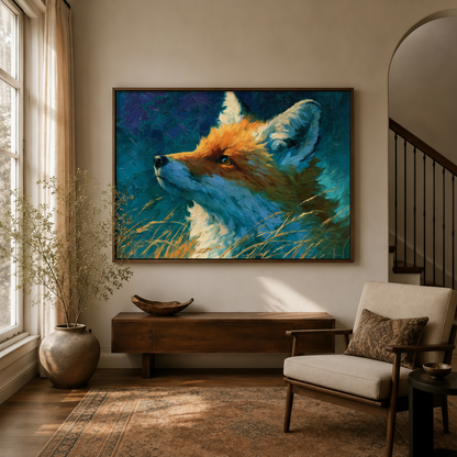 Impressionist red fox canvas wall art in a warm living room above a dark wood console table