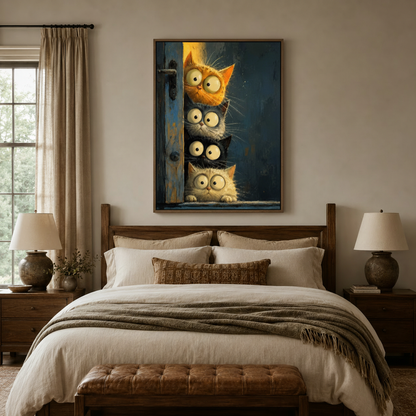  Four curious cats peeking around blue door oil style canvas wall art displayed above bed in cozy bedroom