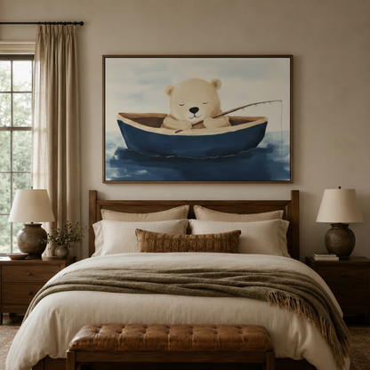 Illustrated bear fishing in navy rowboat canvas wall art displayed above warm neutral bedroom headboard