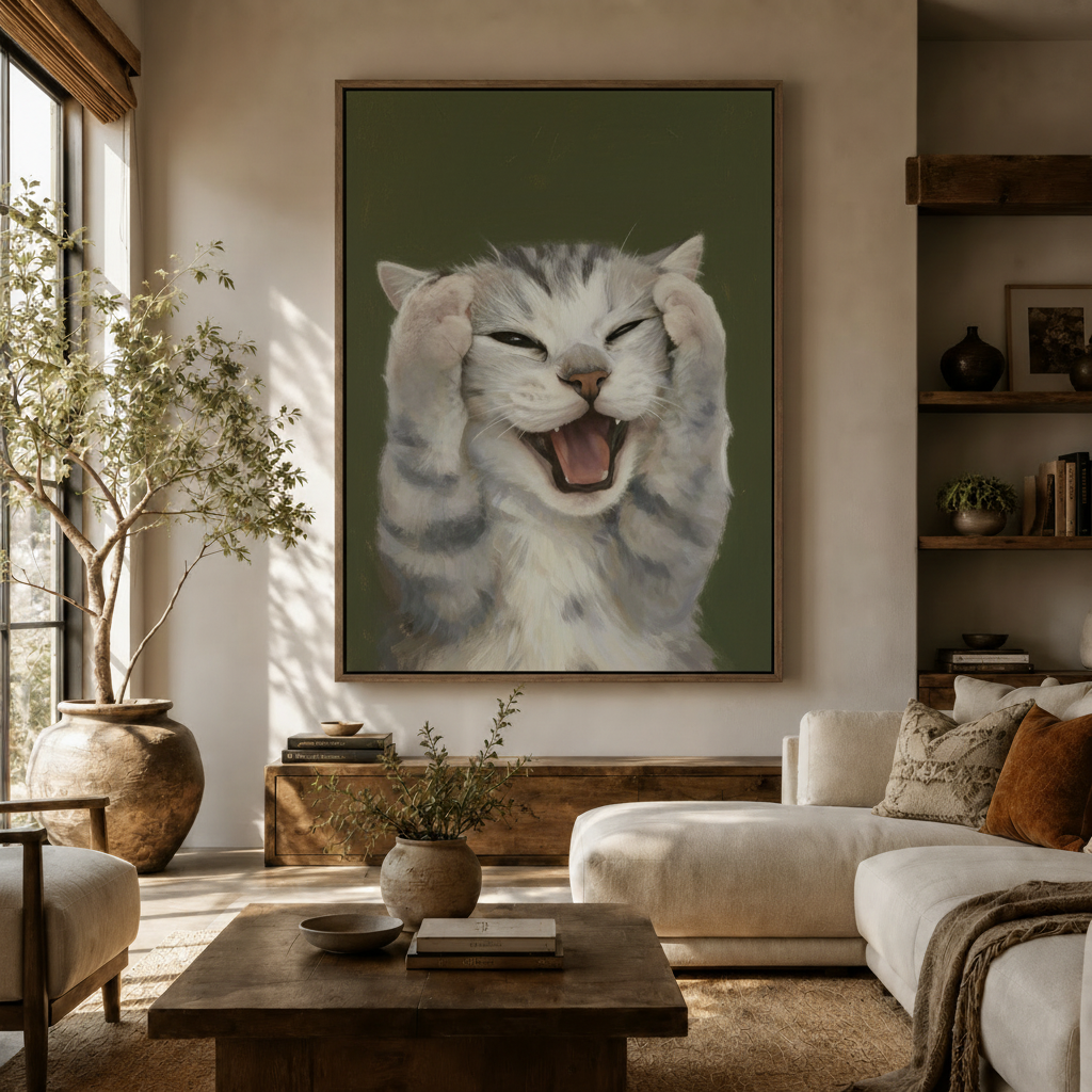 Expressive gray tabby cat portrait canvas displayed above a cream linen sofa in a cozy living room