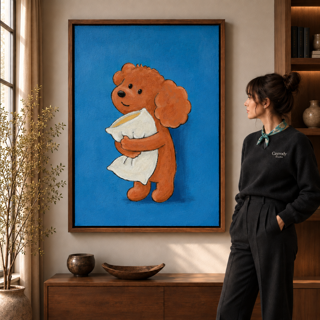 Woman in a black sweater beside a dark walnut floating frame of a brown dog hugging a white pillow.