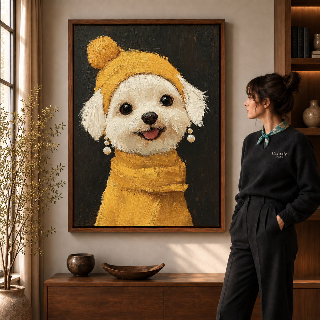 Smiling white dog in a yellow knit hat displayed as framed canvas wall art indoors.