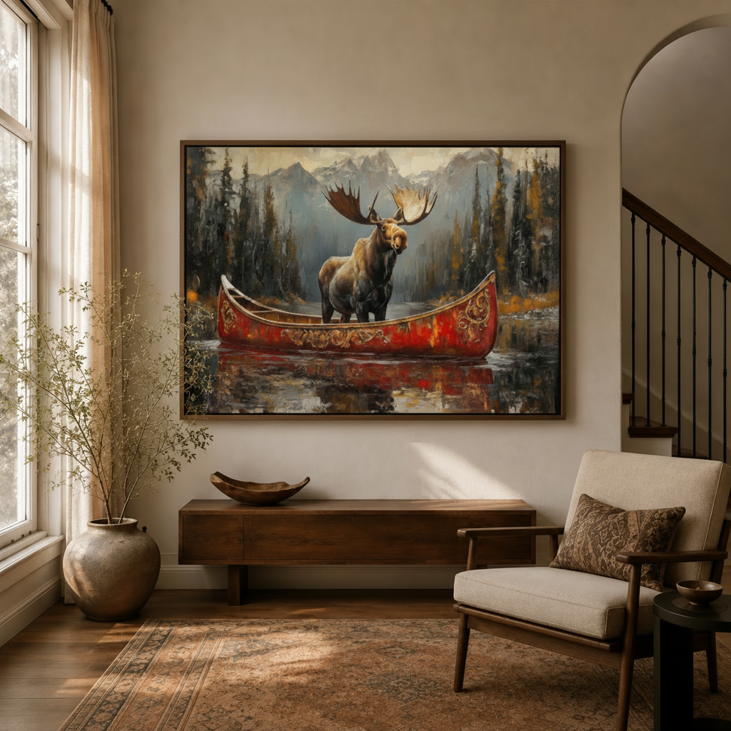 Moose red canoe oil painting canvas displayed above console in warm entryway interior