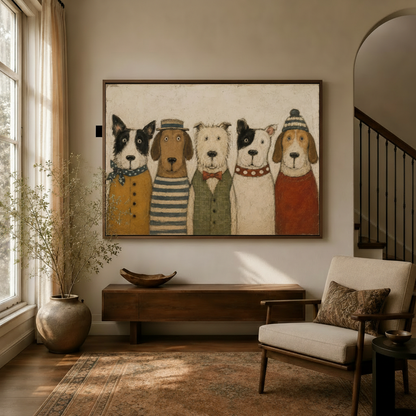 Vintage dressed dogs canvas wall art displayed in a welcoming entryway with warm neutral decor