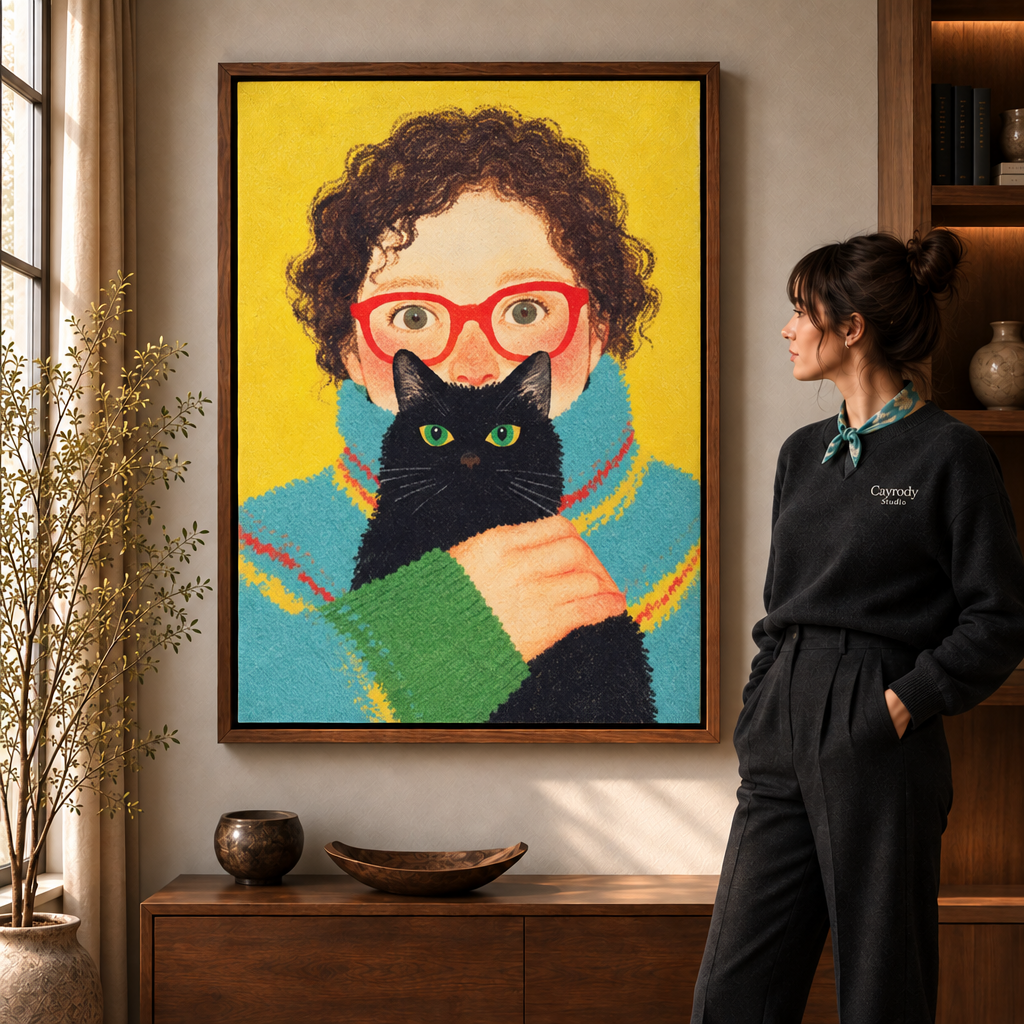 Woman in a black sweater beside a walnut floating frame of a child in red glasses holding a black cat.