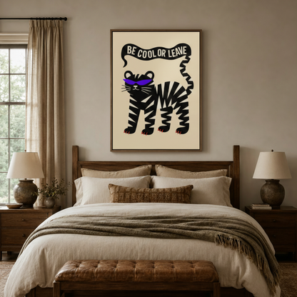 Funny tiger quote canvas print above wooden bed in cozy warm-toned farmhouse bedroom