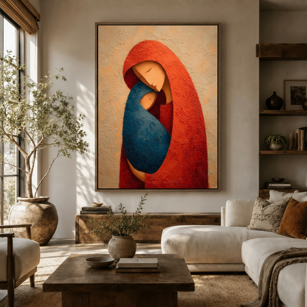 Minimalist mother and child canvas wall art displayed in a warm neutral living room