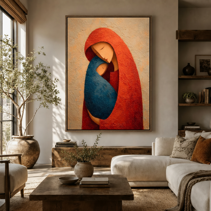 Minimalist mother and child canvas wall art displayed in a warm neutral living room