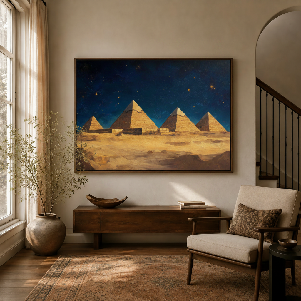 Egyptian pyramids starry night canvas wall art displayed in warm-toned entryway with wooden console and dried branch decor