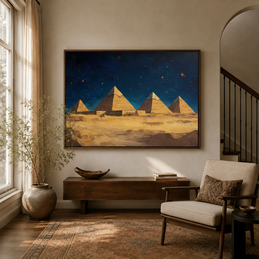 Egyptian pyramids starry night canvas wall art displayed in warm-toned entryway with wooden console and dried branch decor