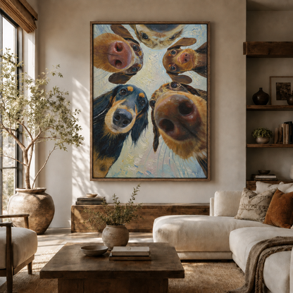Funny dogs looking down oil painting canvas art displayed in a warm living room above a white sofa
