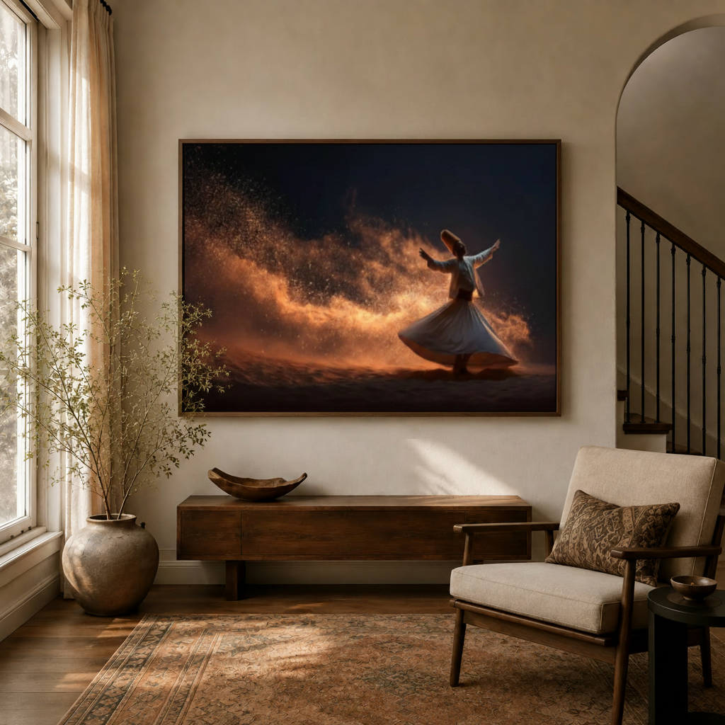 Sufi whirling dervish canvas wall art in dark walnut floater frame displayed above entryway console table
