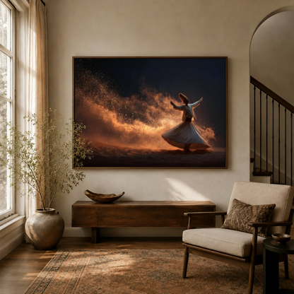 Sufi whirling dervish canvas wall art in dark walnut floater frame displayed above entryway console table