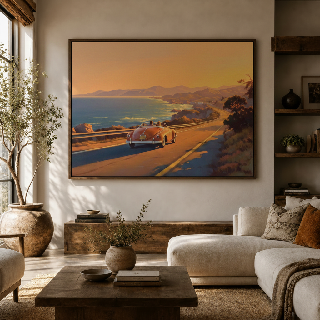 Large vintage convertible coastal highway canvas above a white sofa in a warm boho living room with olive tree and wood shelving
