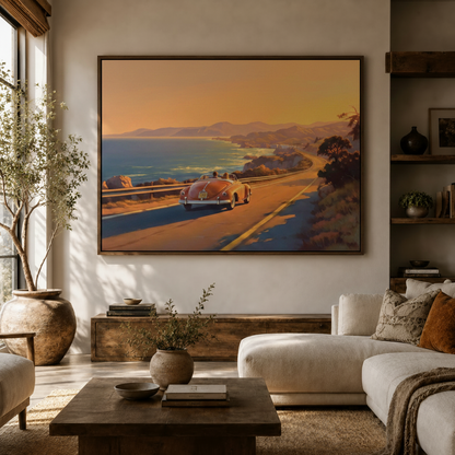 Large vintage convertible coastal highway canvas above a white sofa in a warm boho living room with olive tree and wood shelving