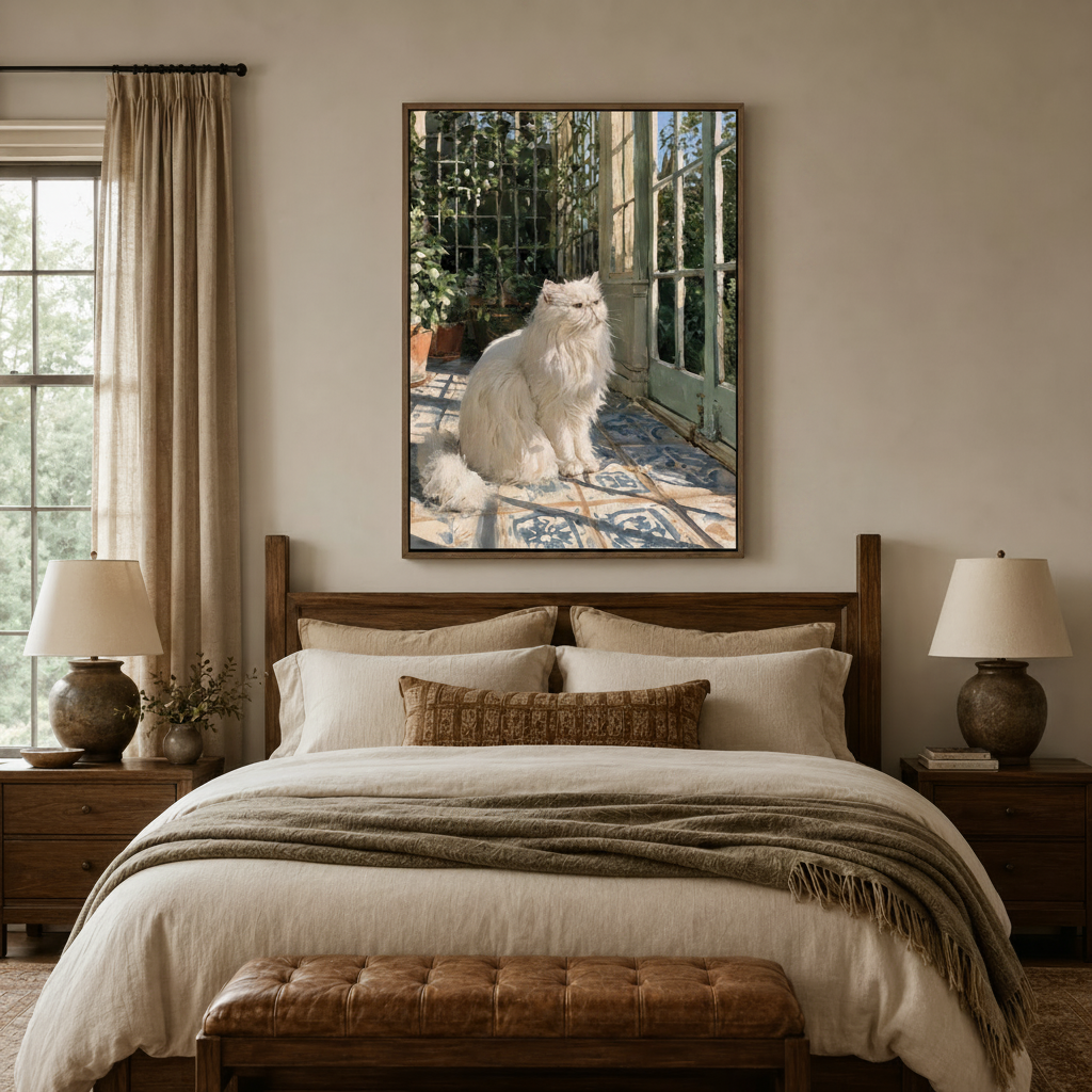Impressionist white Persian cat greenhouse canvas print in cozy bedroom above walnut headboard
