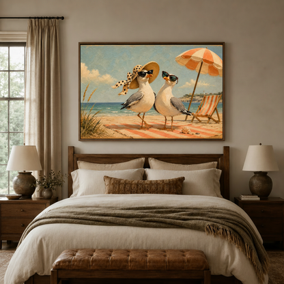 Beach seagulls in sunglasses vintage retro canvas wall art displayed above cozy neutral bedroom headboard