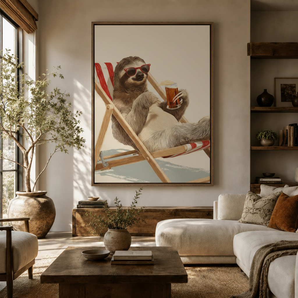Funny sloth beach chair canvas print displayed above sofa in warm neutral living room