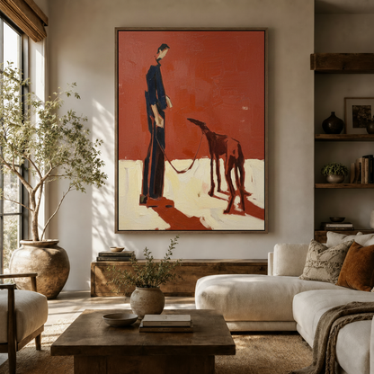Minimalist figure and greyhound canvas wall art displayed above a wooden sideboard in a bright modern living room