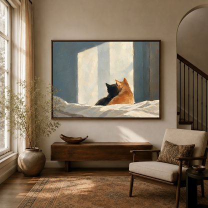Cat and shadow oil painting framed above a wooden console in a sunlit living room