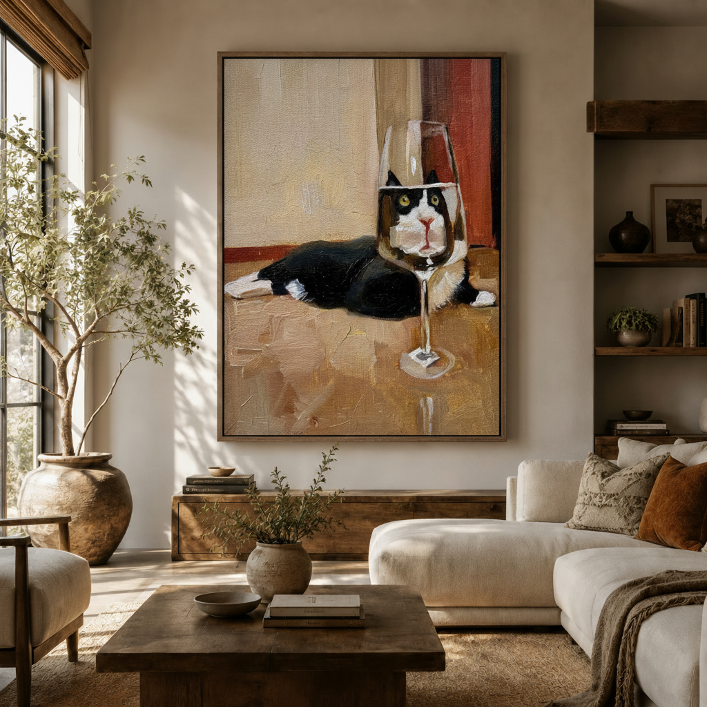 	Tuxedo cat wine glass impasto oil painting canvas art displayed in a bright modern living room