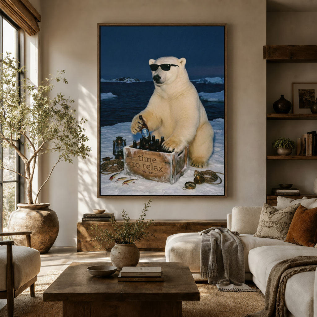 Funny polar bear canvas print displayed large in warm neutral living room above wooden credenza